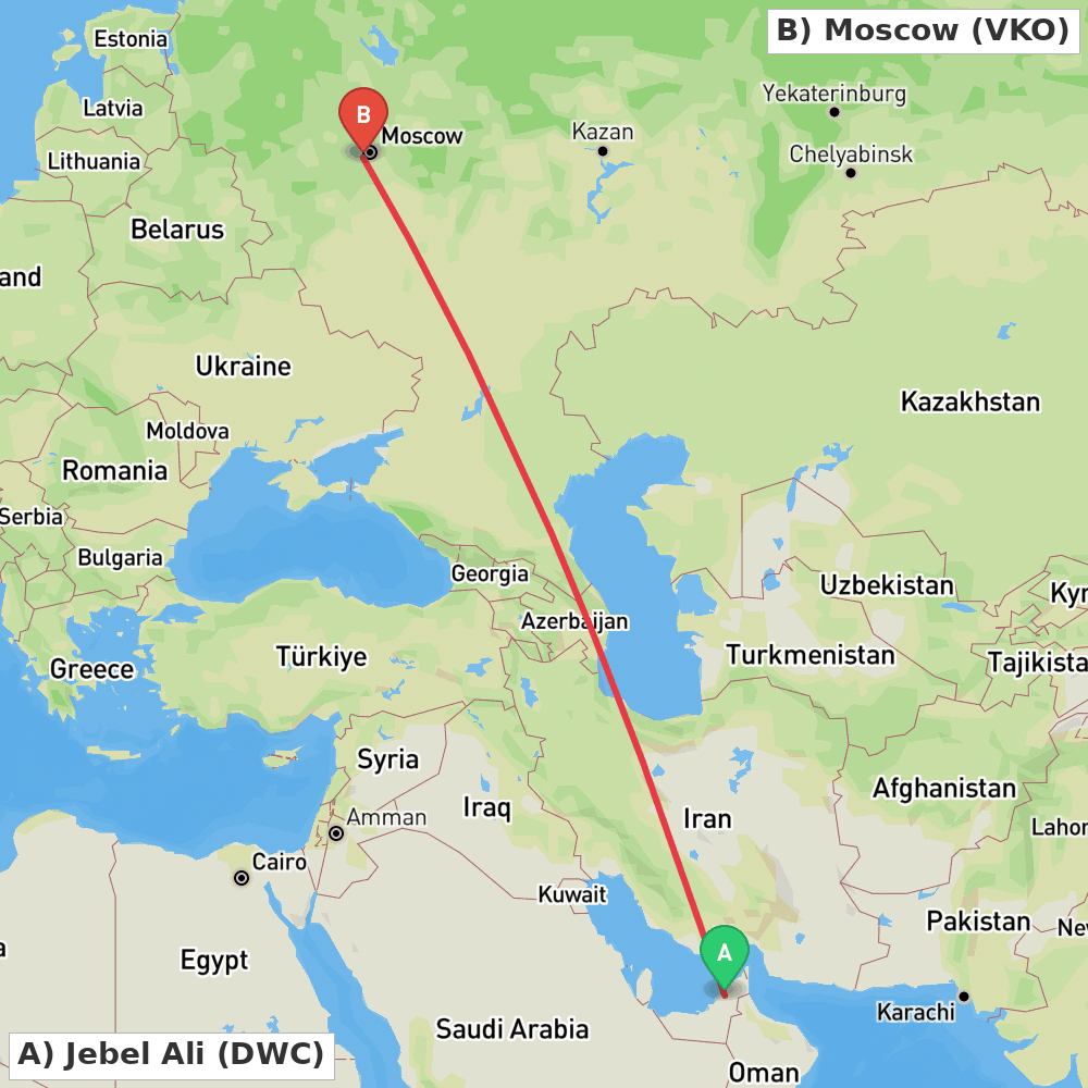 Flight route map from Jebel Ali to Moscow
