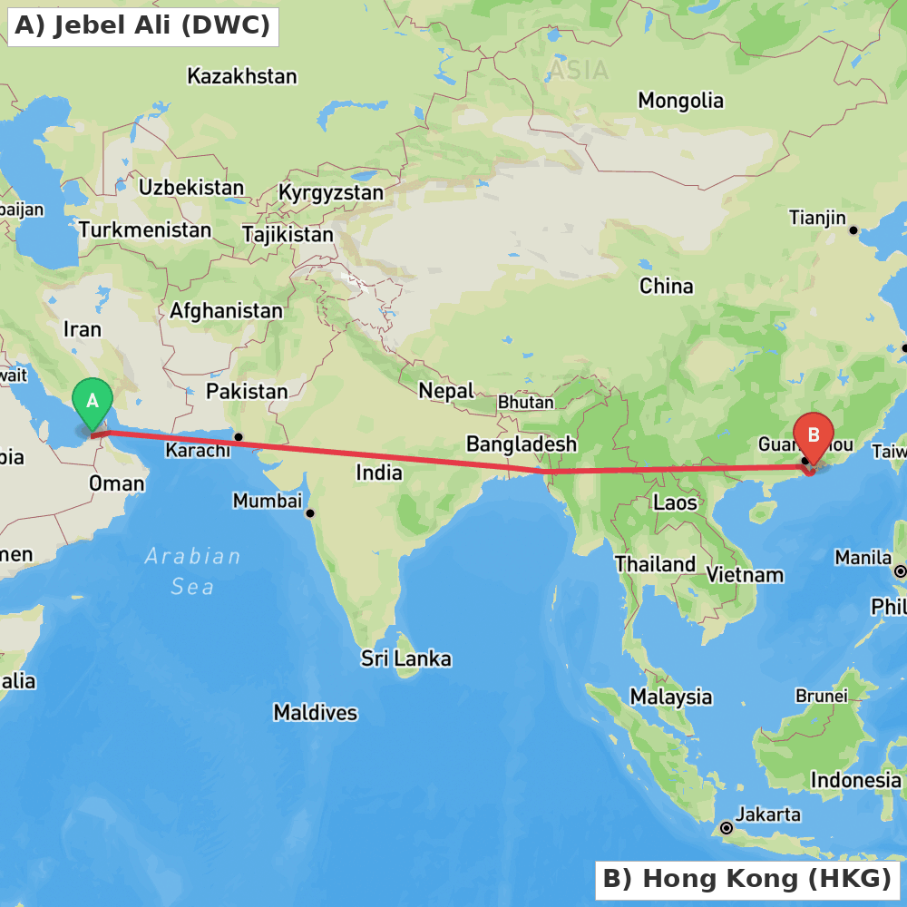 Flight route map from Jebel Ali to Hong Kong