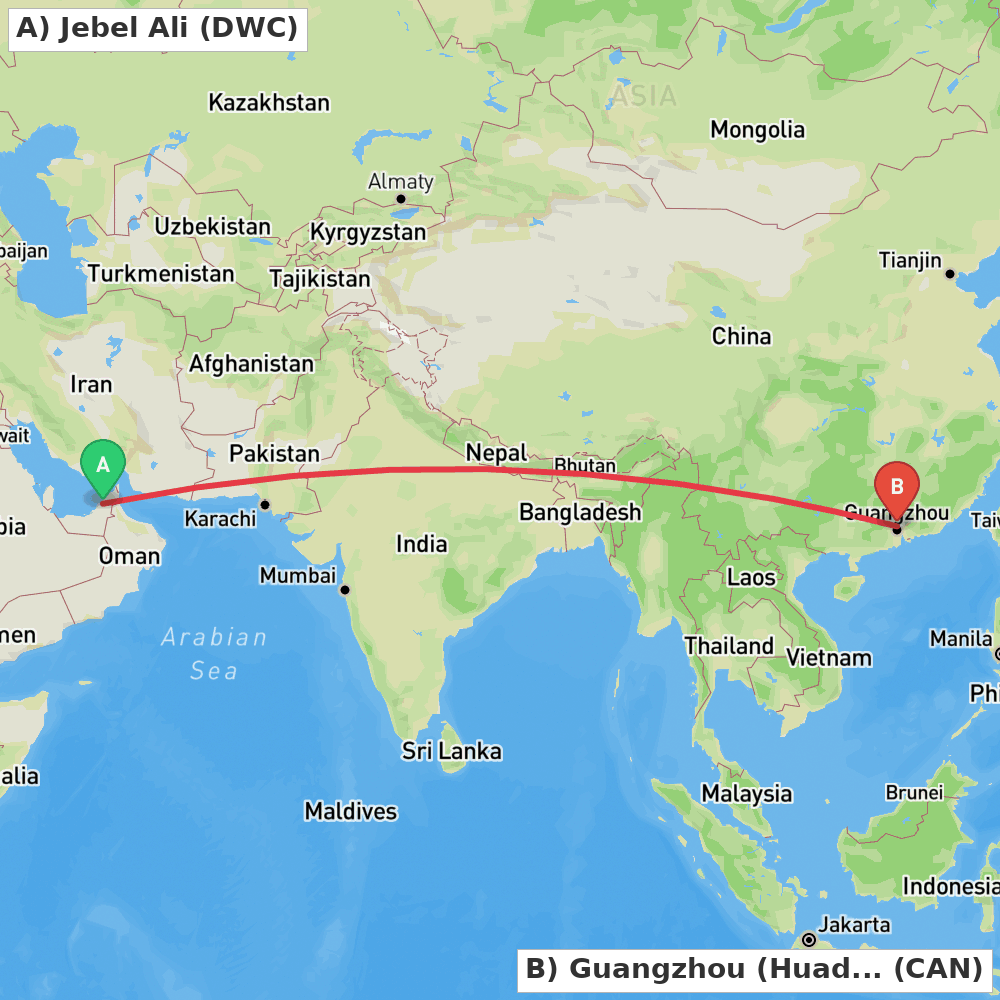 Flight route map from Jebel Ali to Guangzhou (Huadu)