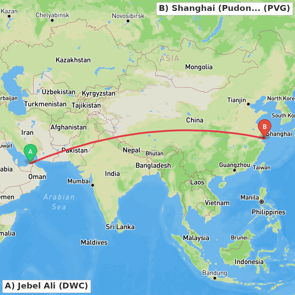 Flight route map from Jebel Ali to Shanghai (Pudong)