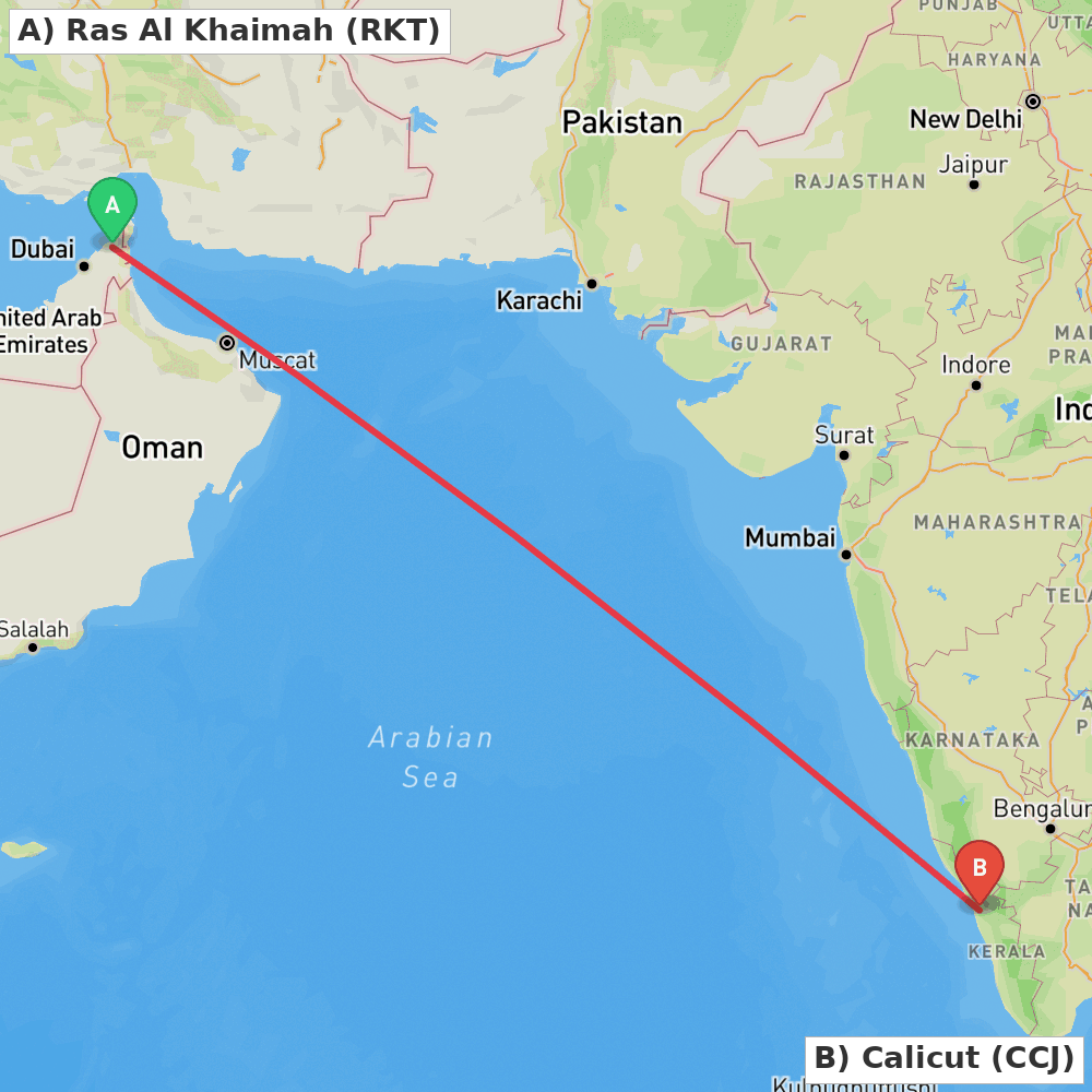 Flight route map from Ras Al Khaimah to Calicut