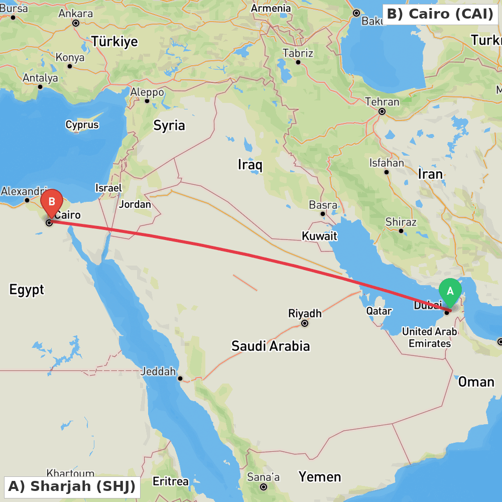 Flight route map from Sharjah to Cairo