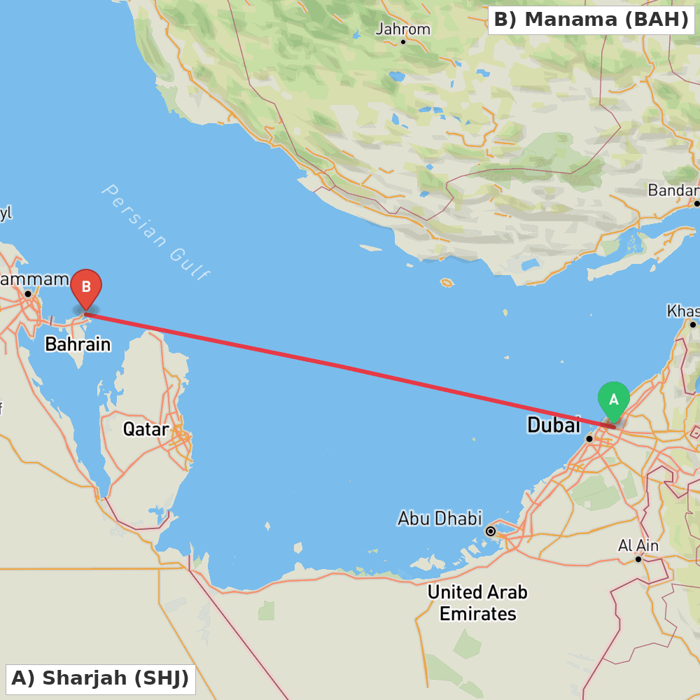 Flight route map from Sharjah to Manama