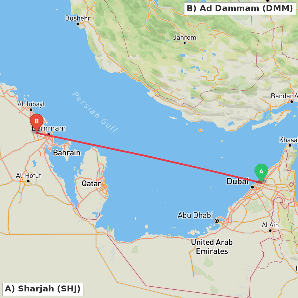Flight route map from Sharjah to Ad Dammam