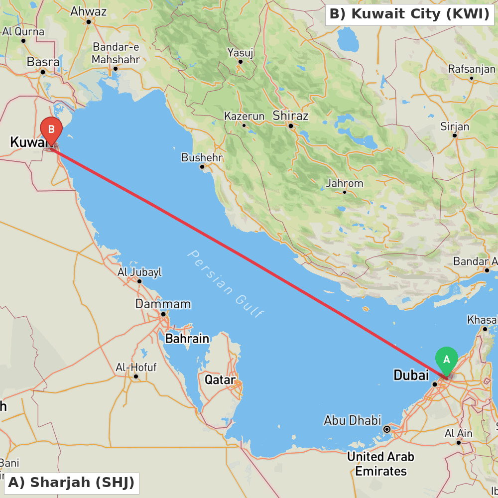 Flight route map from Sharjah to Kuwait City