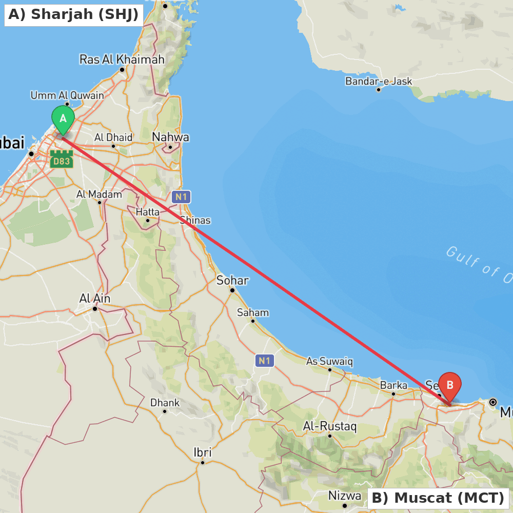 Flight route map from Sharjah to Muscat