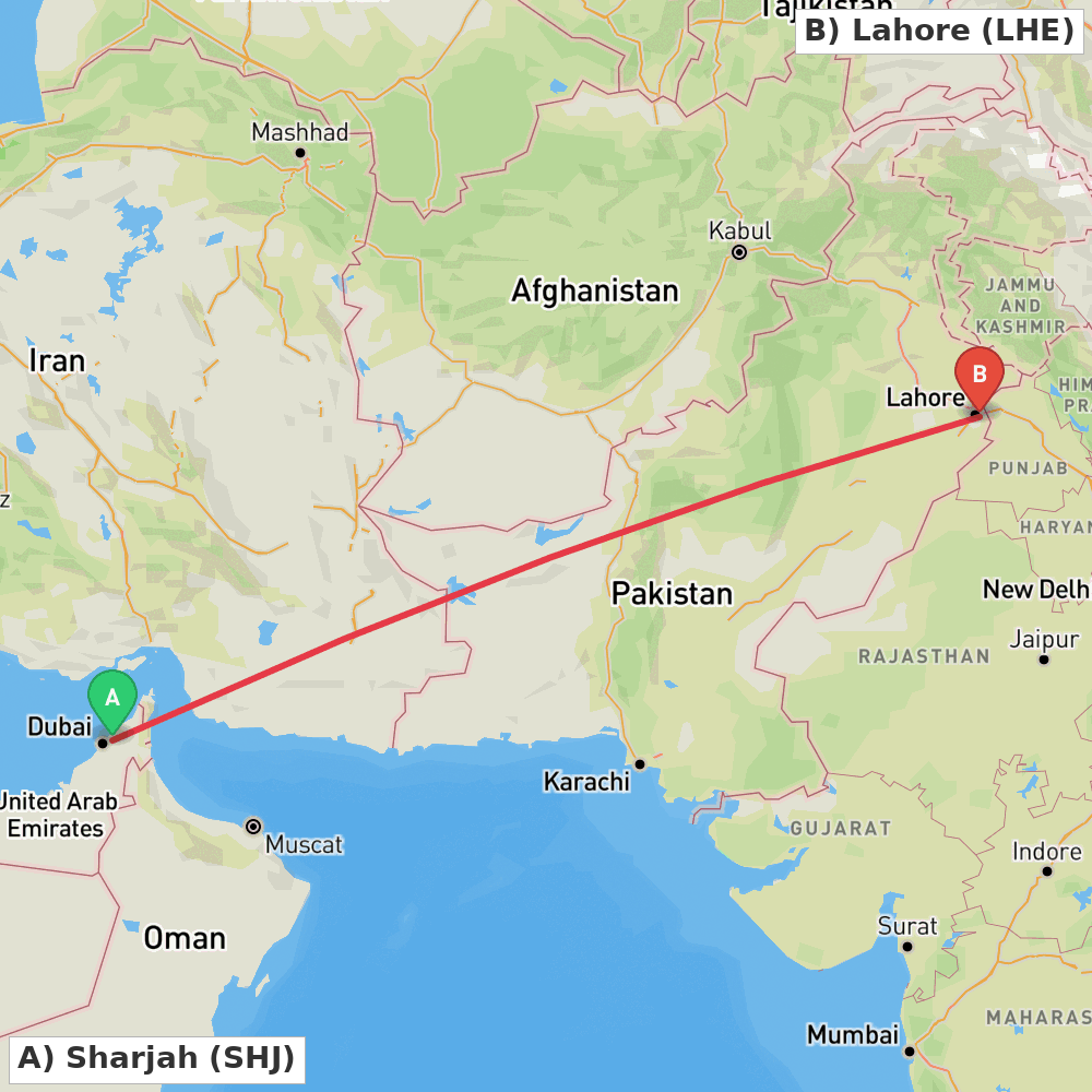 Flight route map from Sharjah to Lahore