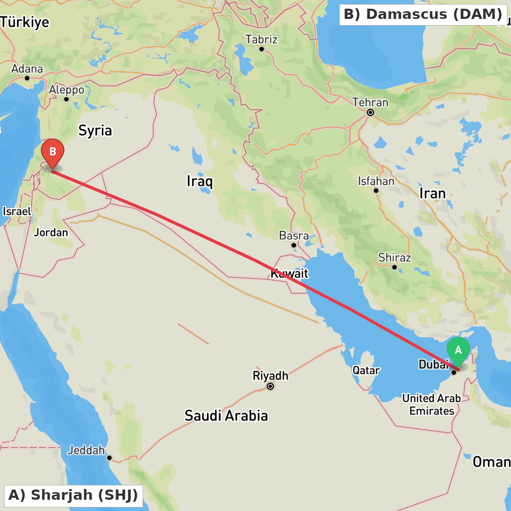 Flight route map from Sharjah to Damascus