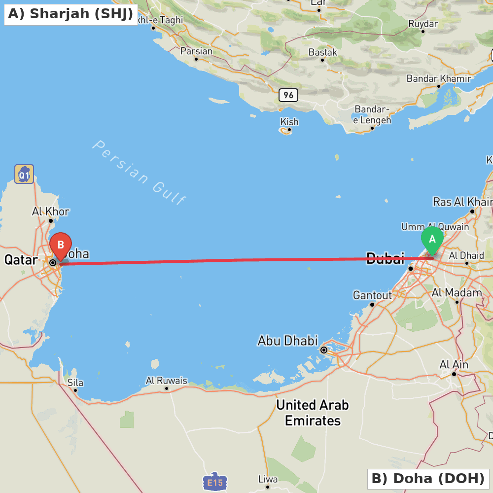 Flight route map from Sharjah to Doha