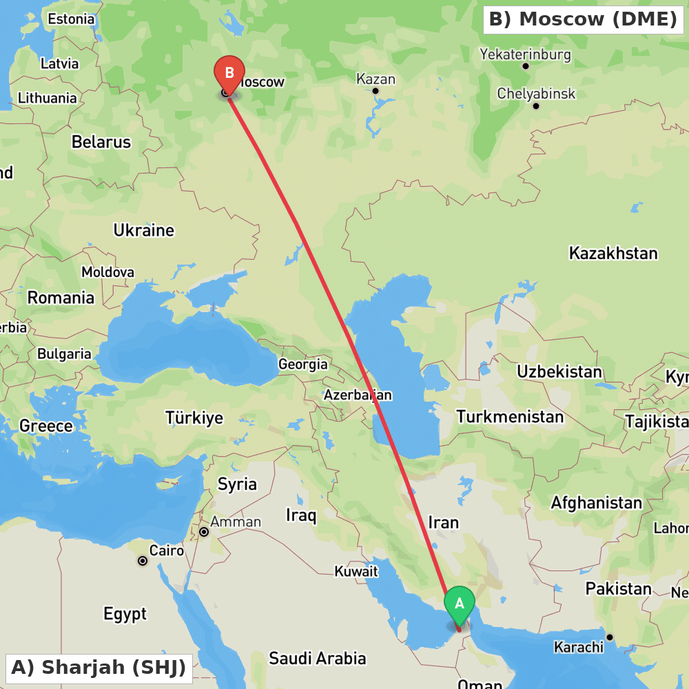 Flight route map from Sharjah to Moscow
