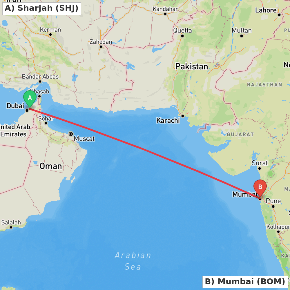 Flight route map from Sharjah to Mumbai