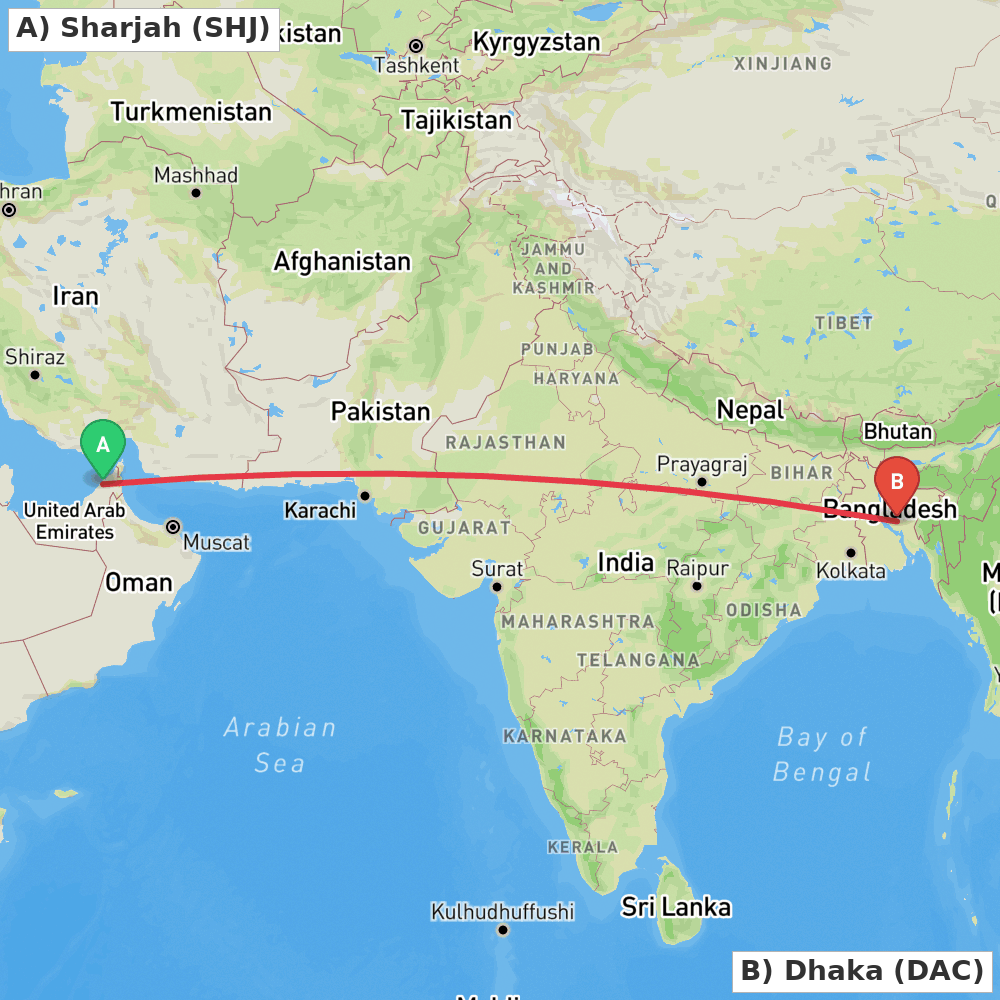 Flight route map from Sharjah to Dhaka