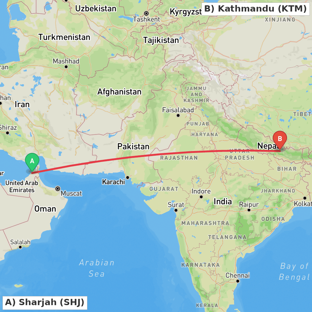 Flight route map from Sharjah to Kathmandu