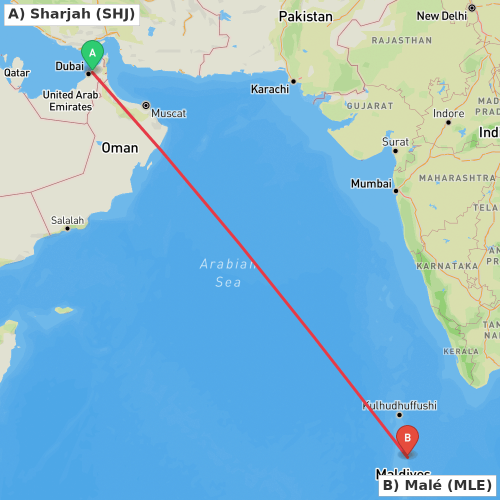 Flight route map from Sharjah to Malé