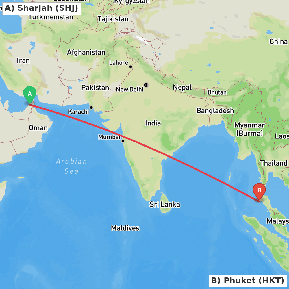 Flight route map from Sharjah to Phuket