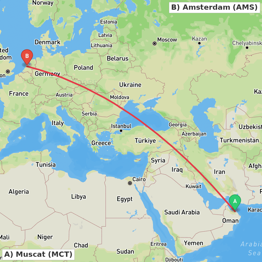 Flight route map from Muscat to Amsterdam