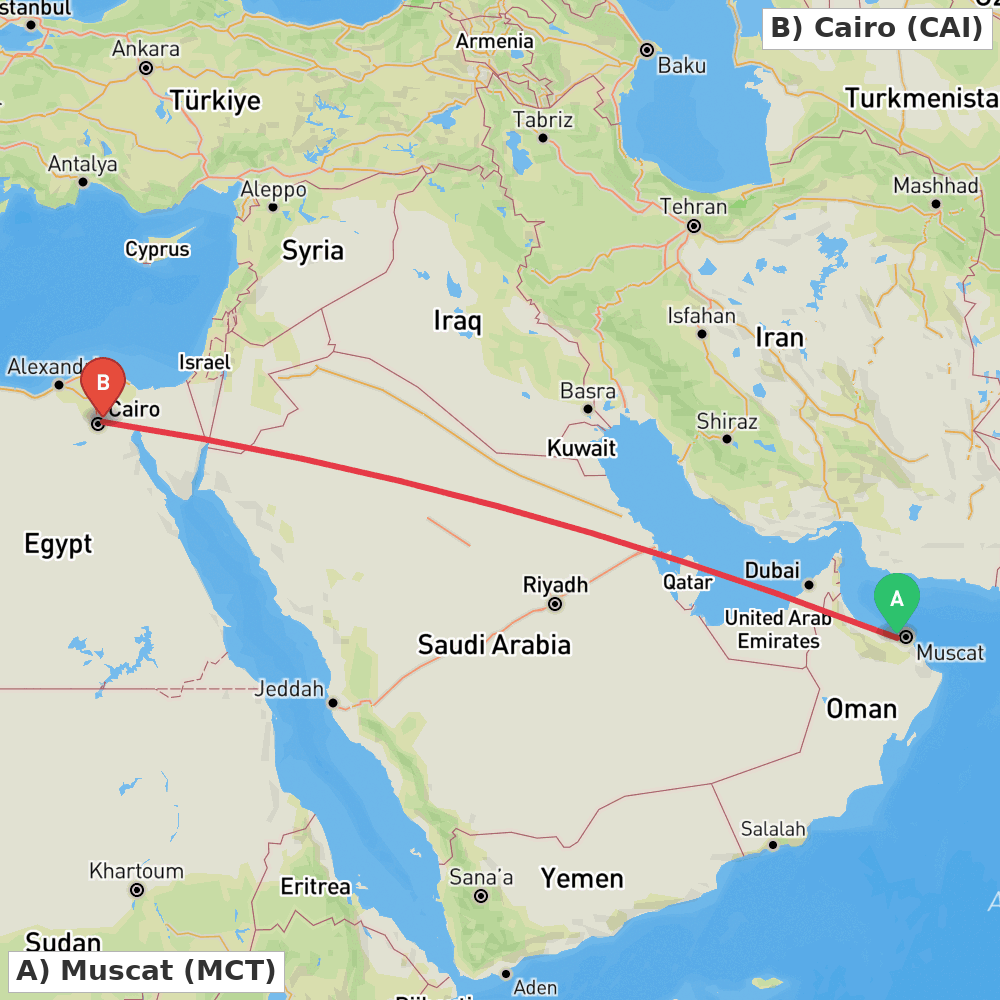 Flight route map from Muscat to Cairo