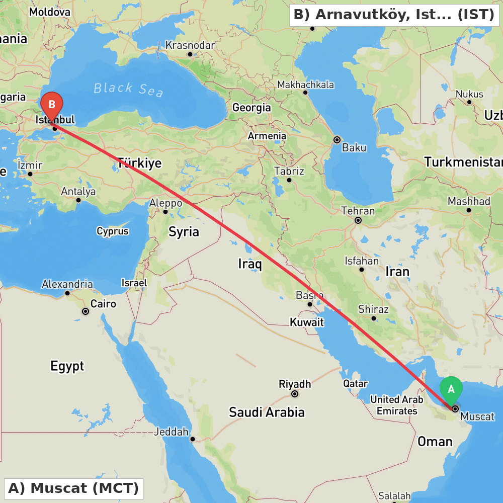 Flight route map from Muscat to Arnavutköy, Istanbul