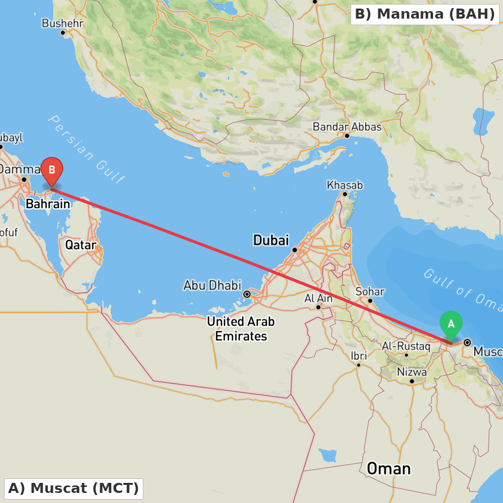Flight route map from Muscat to Manama