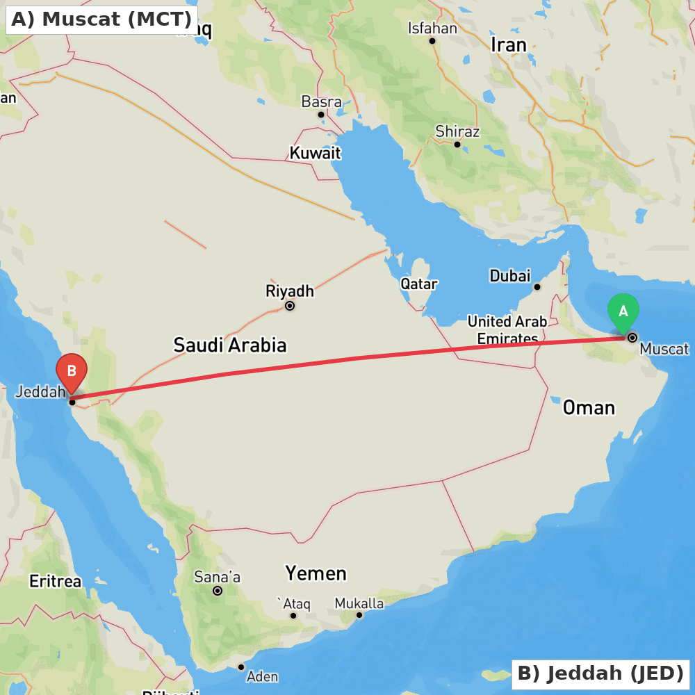 Flight route map from Muscat to Jeddah