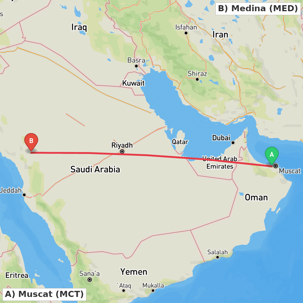 Flight route map from Muscat to Medina
