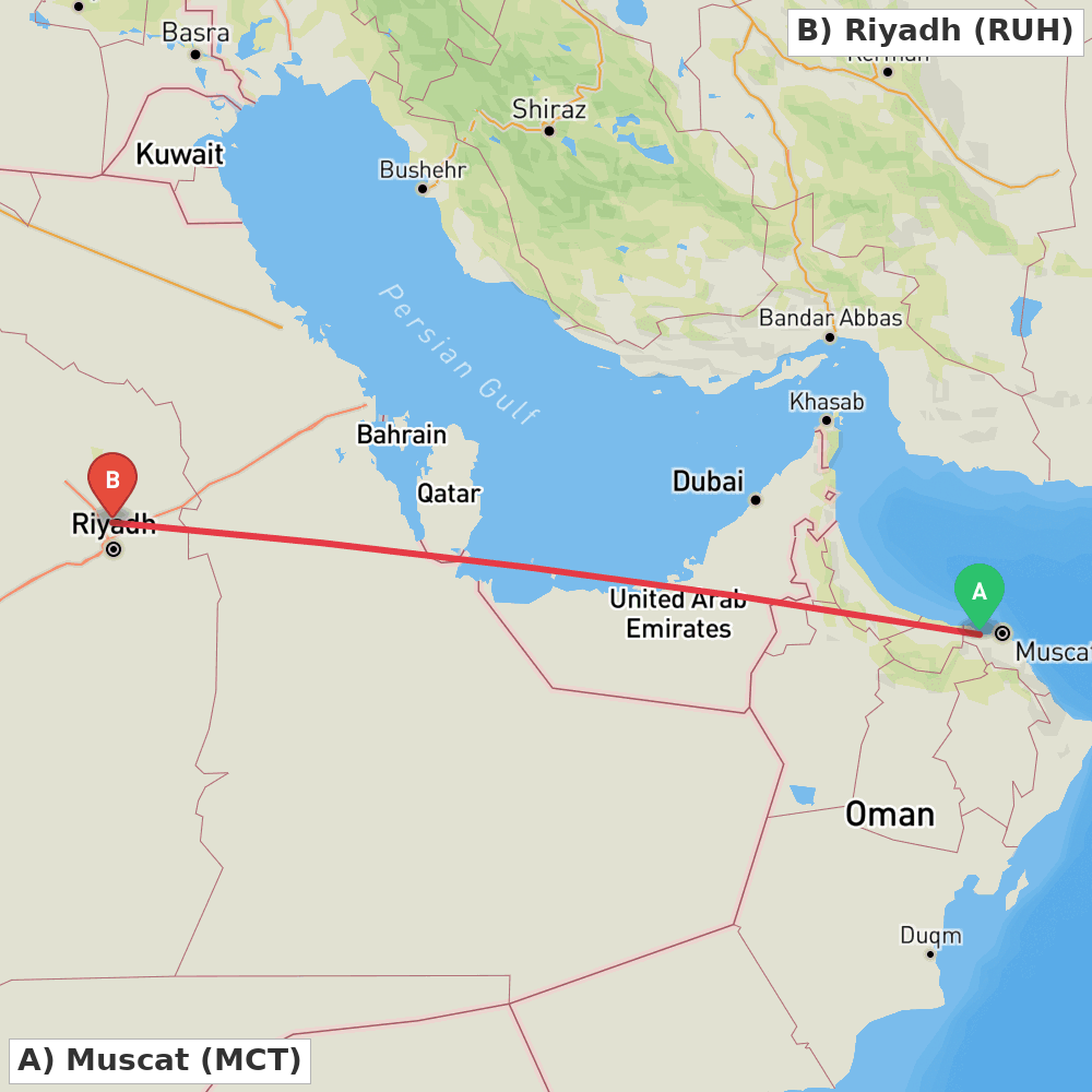 Flight route map from Muscat to Riyadh