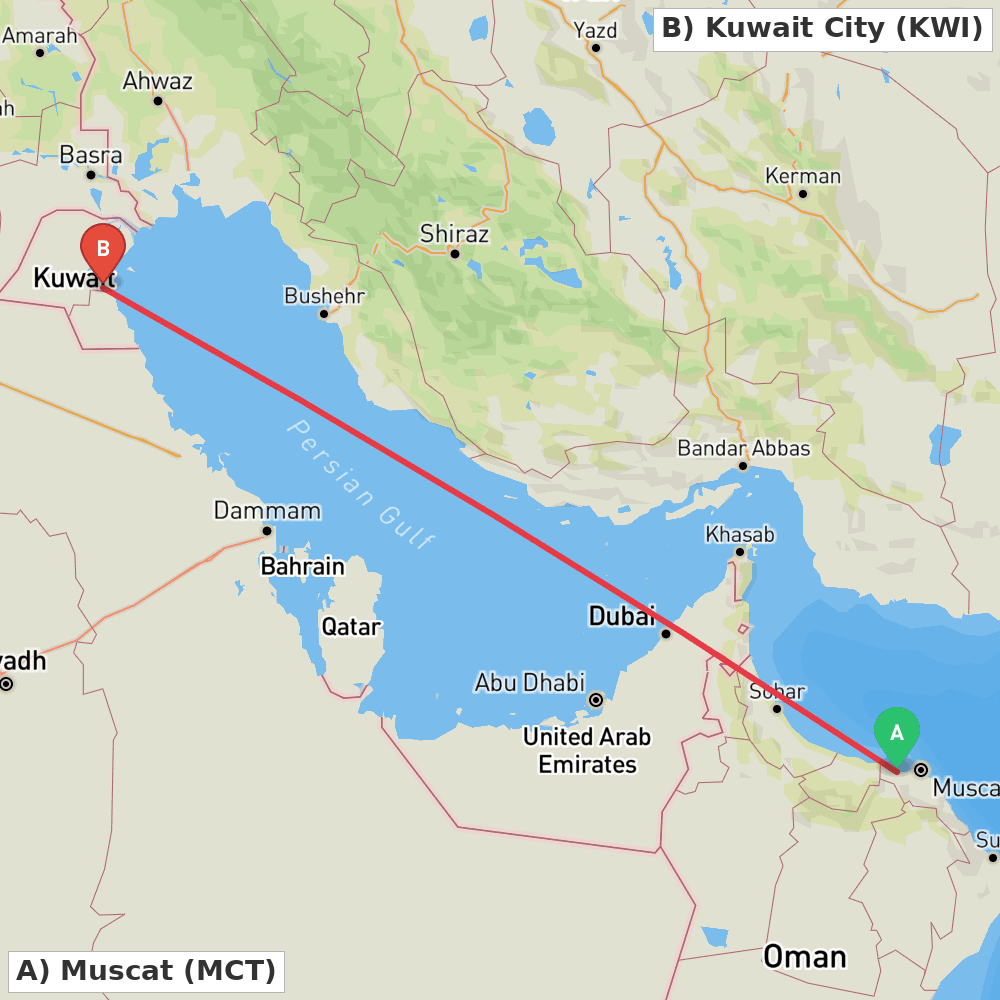 Flight route map from Muscat to Kuwait City