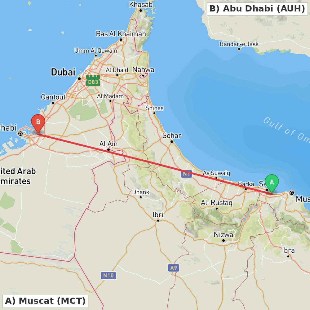 Flight route map from Muscat to Abu Dhabi