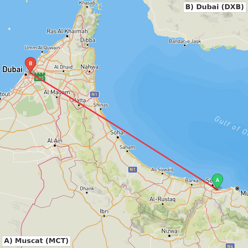 Flight route map from Muscat to Dubai