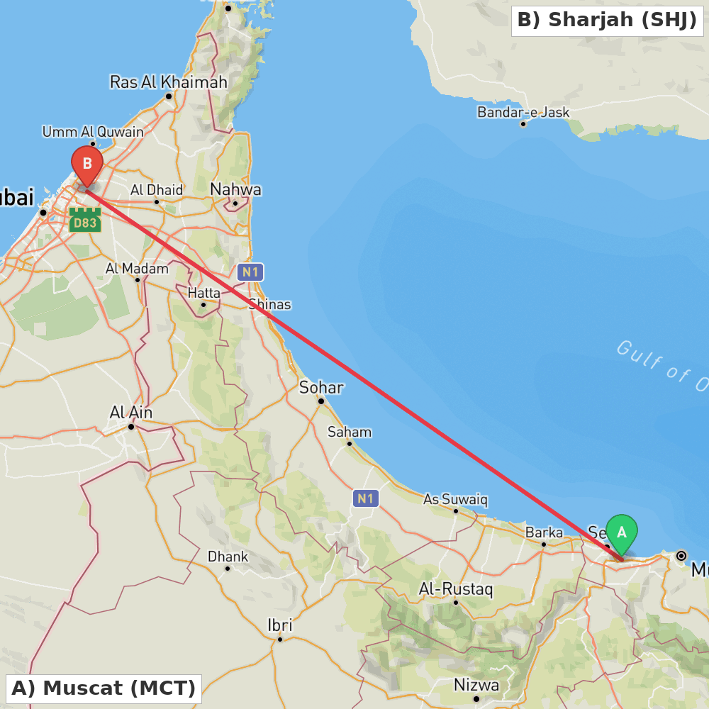 Flight route map from Muscat to Sharjah