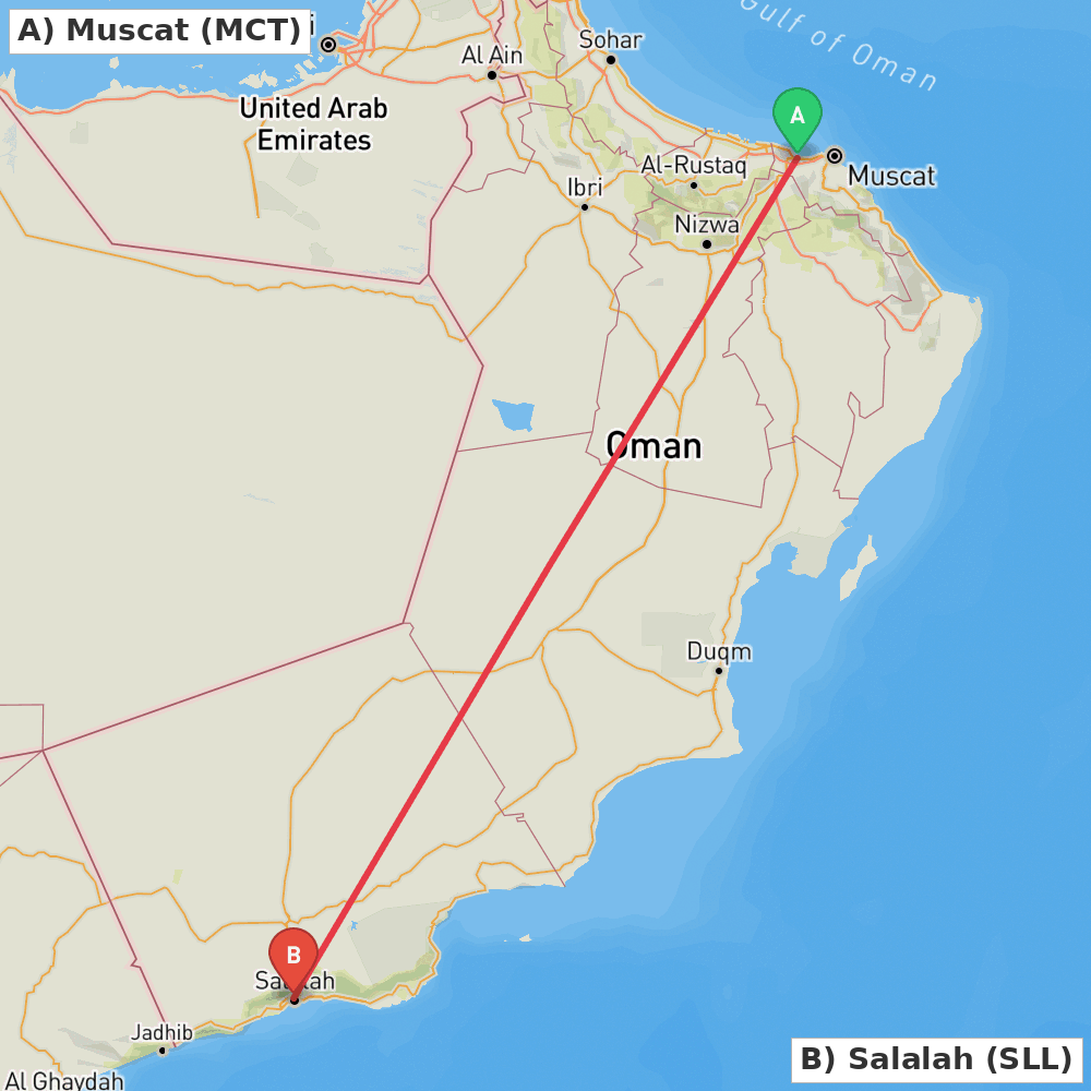 Flight route map from Muscat to Salalah
