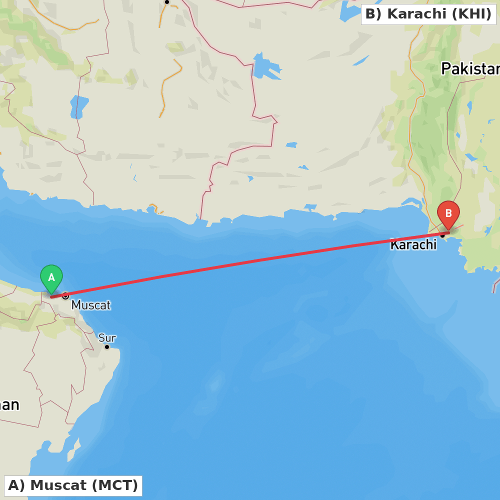 Flight route map from Muscat to Karachi