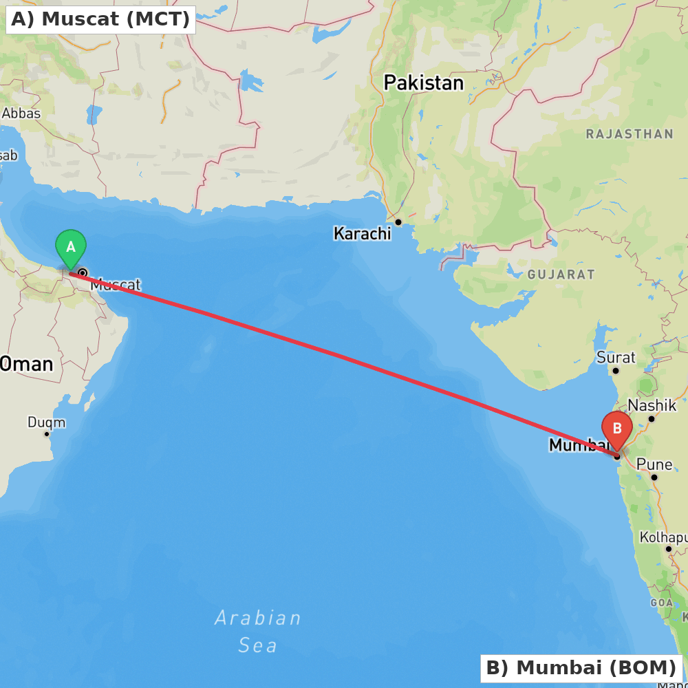 Flight route map from Muscat to Mumbai