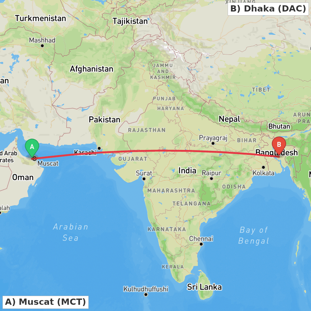 Flight route map from Muscat to Dhaka
