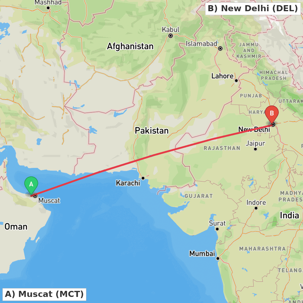 Flight route map from Muscat to New Delhi