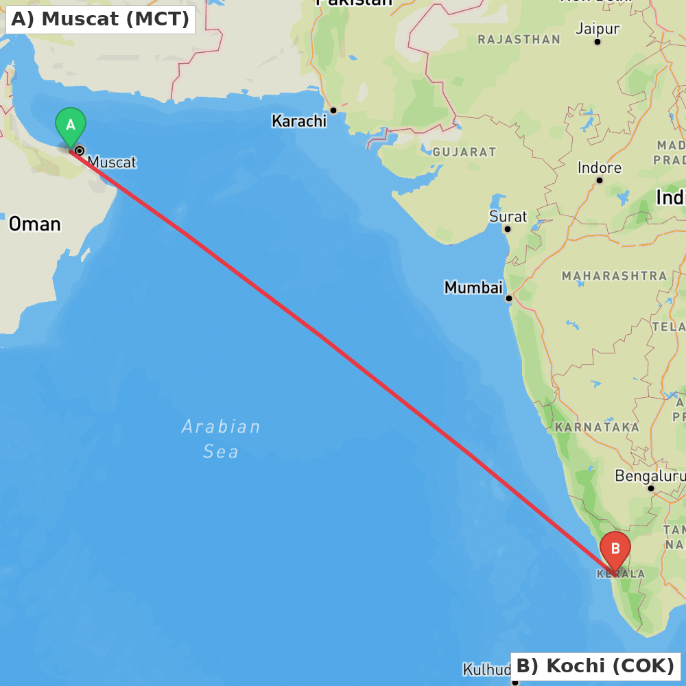 Flight route map from Muscat to Kochi