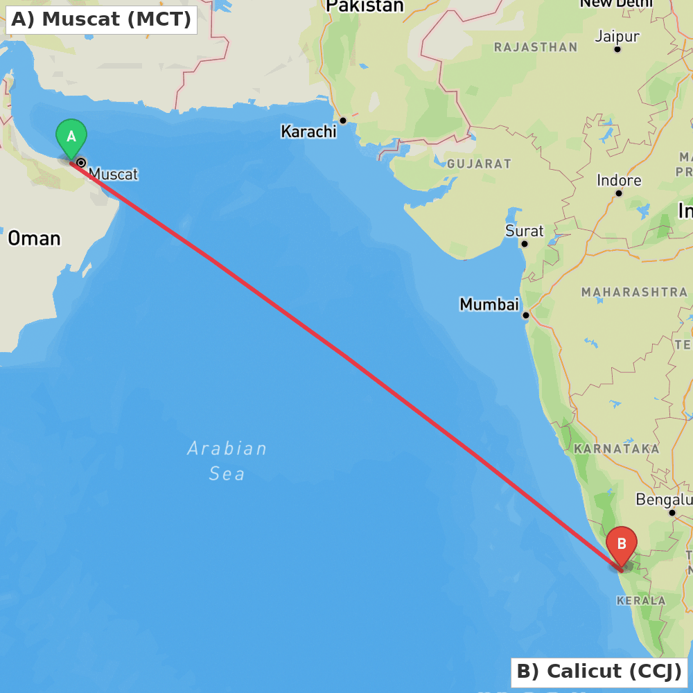Flight route map from Muscat to Calicut