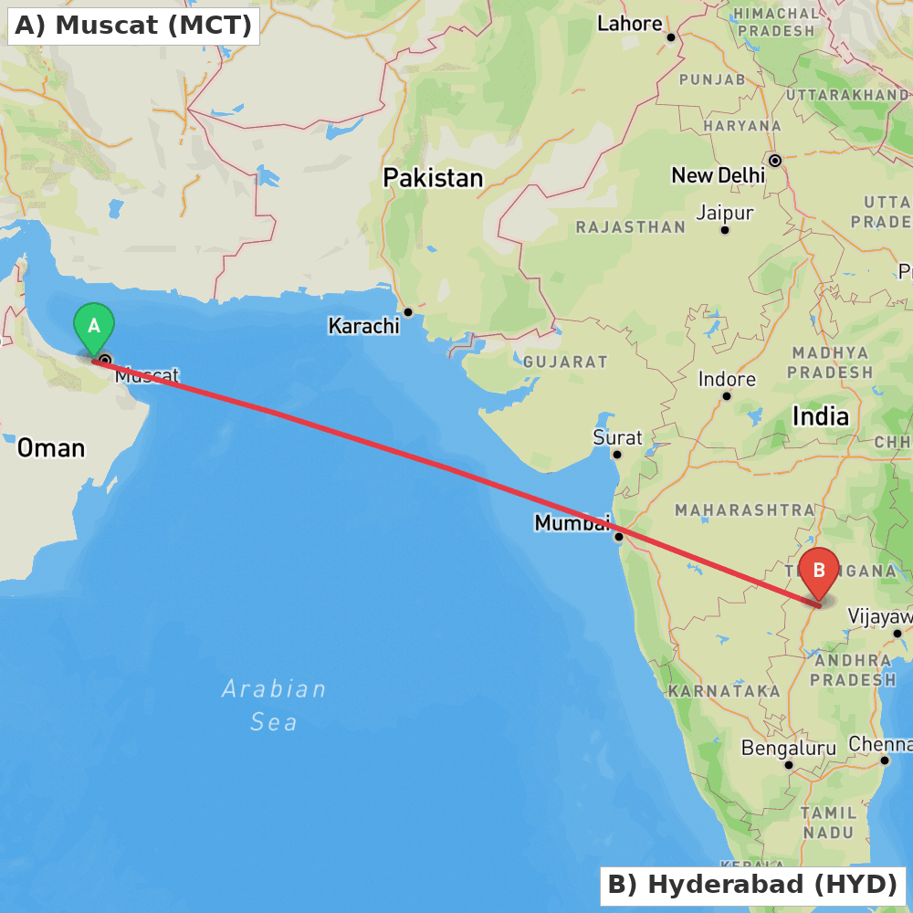 Flight route map from Muscat to Hyderabad