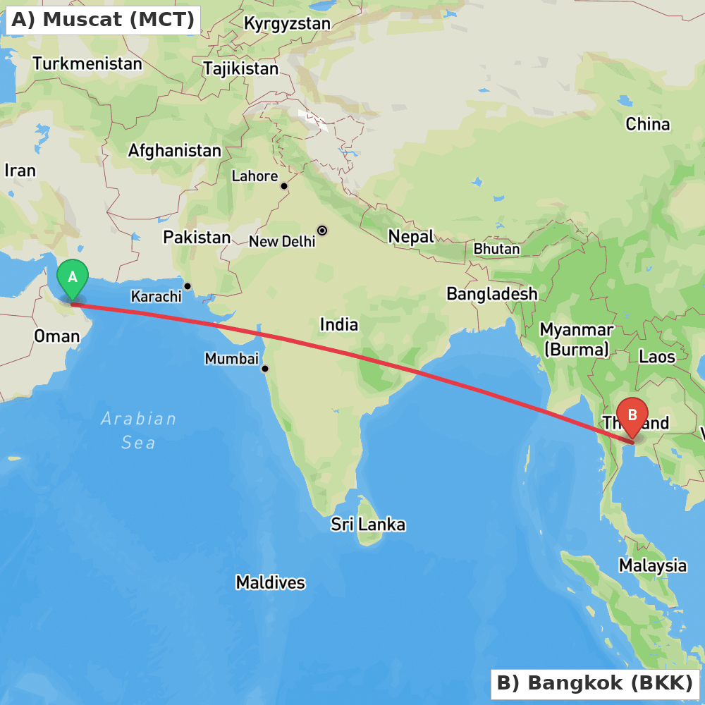 Flight route map from Muscat to Bangkok