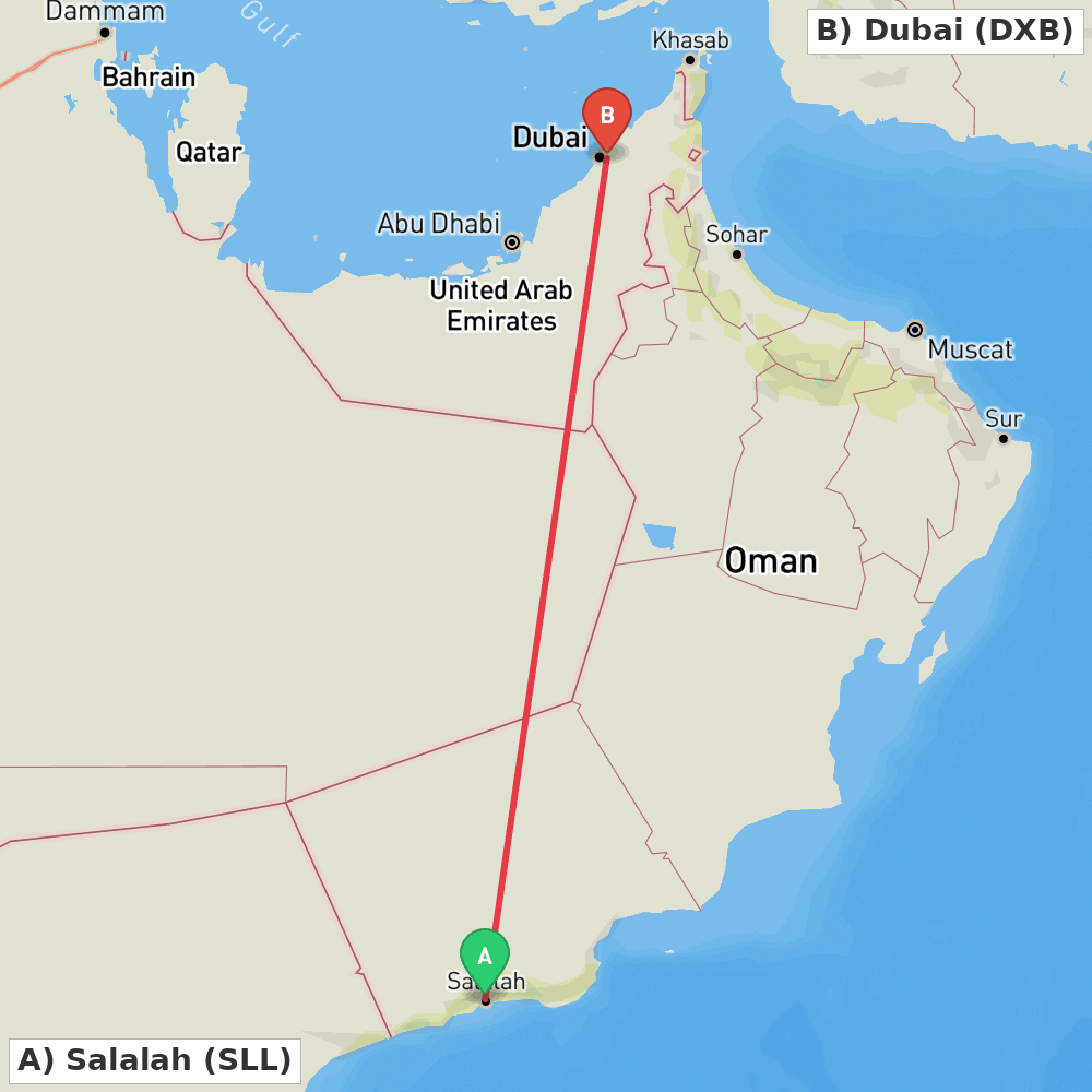 Flight route map from Salalah to Dubai