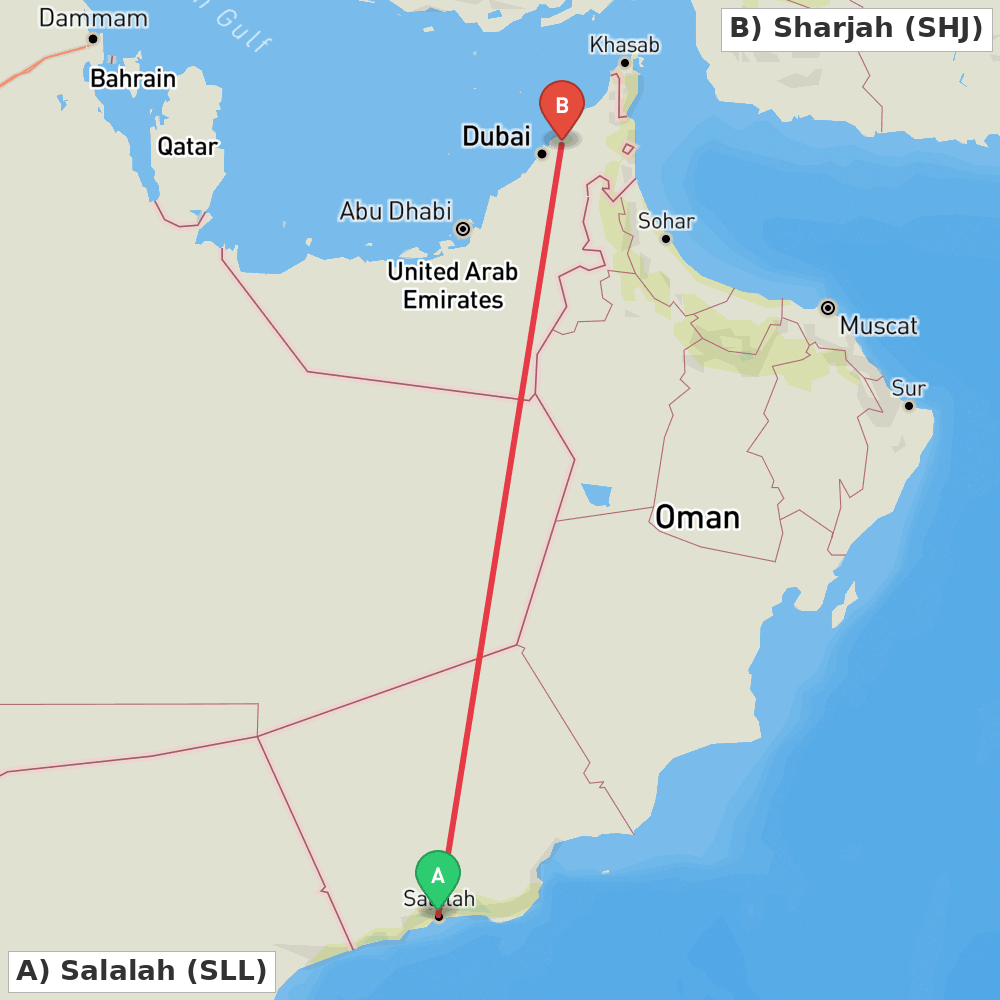 Flight route map from Salalah to Sharjah