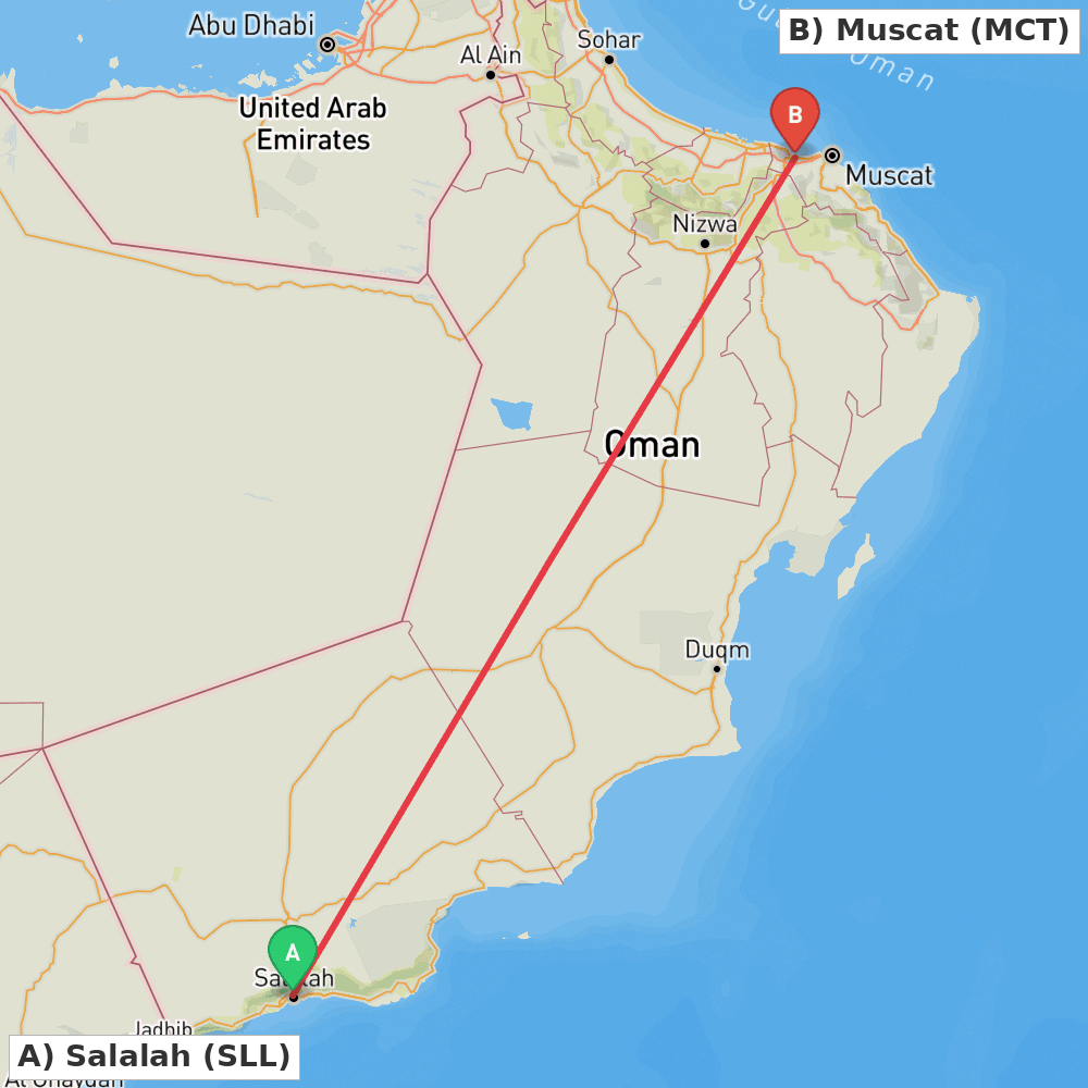Flight route map from Salalah to Muscat