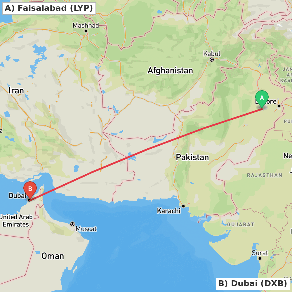 Flight route map from Faisalabad to Dubai