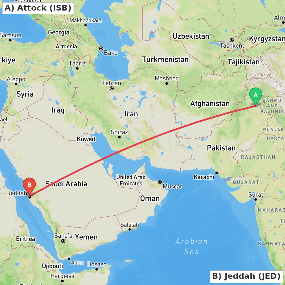 Flight route map from Attock to Jeddah