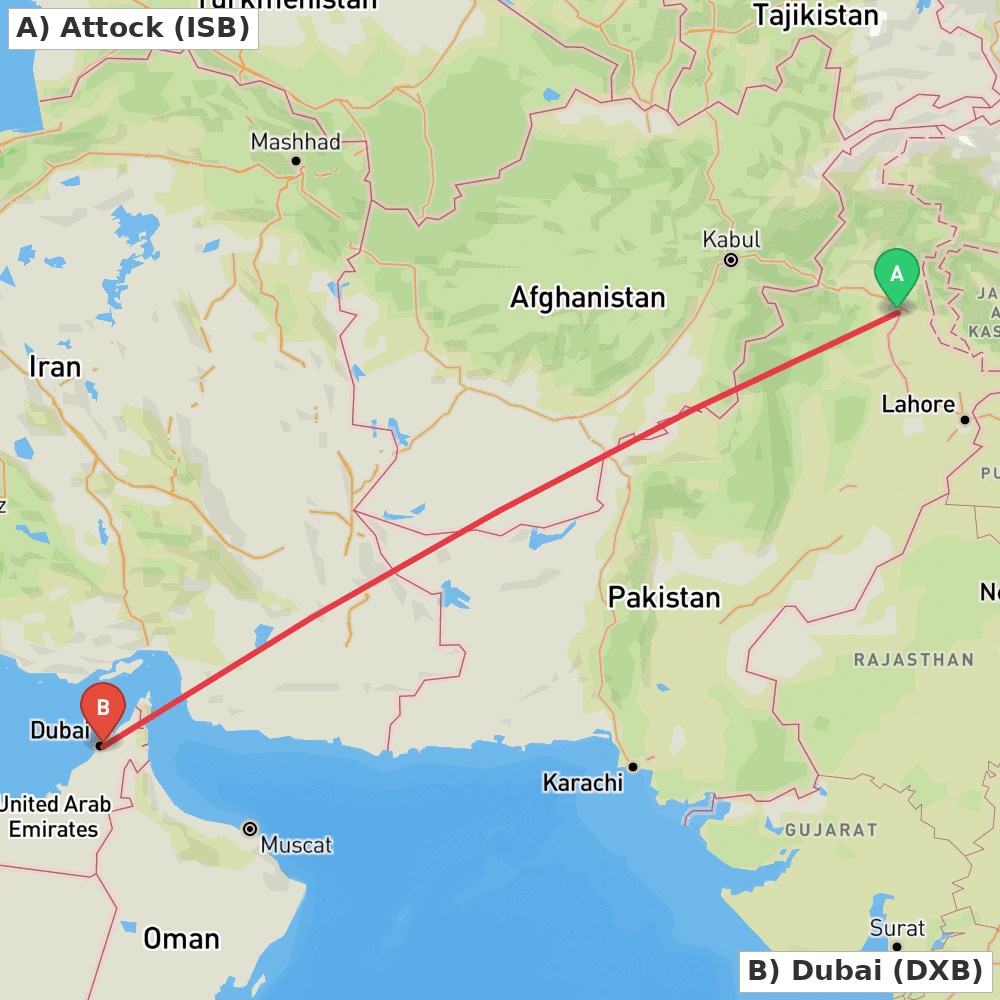 Flight route map from Attock to Dubai