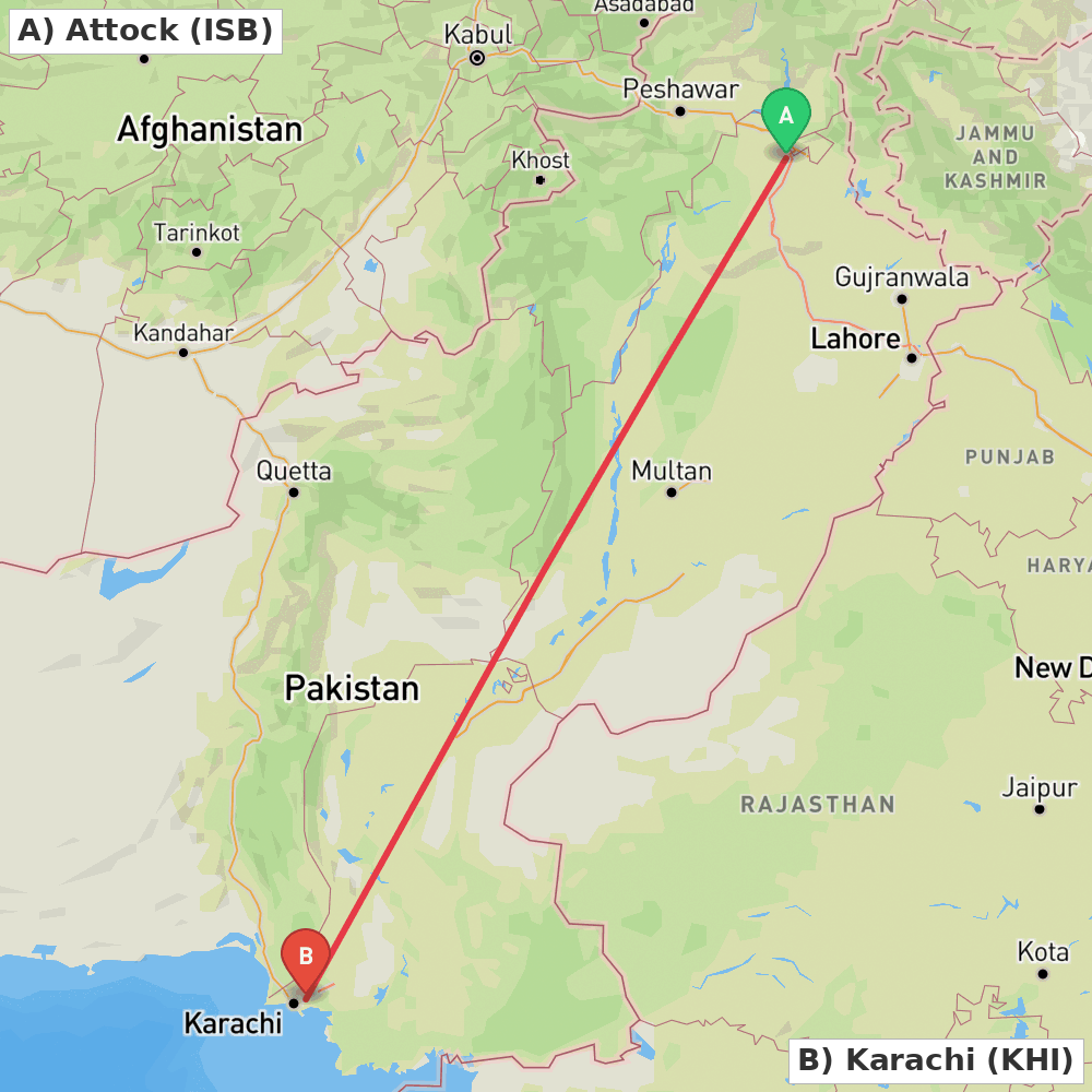 Flight route map from Attock to Karachi