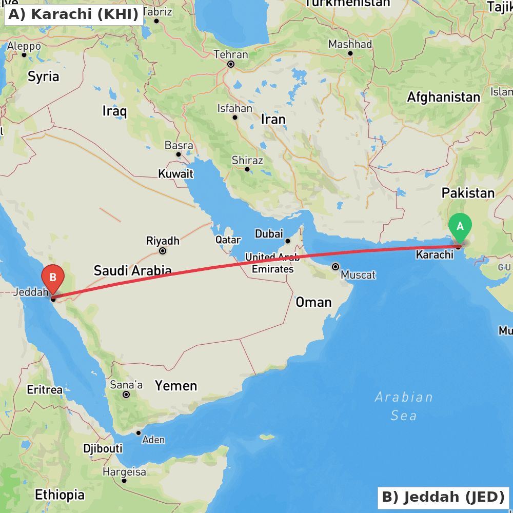 Flight route map from Karachi to Jeddah