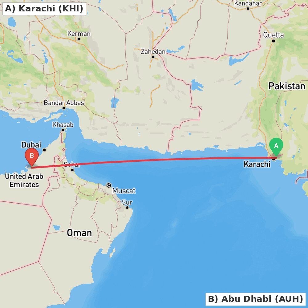 Flight route map from Karachi to Abu Dhabi