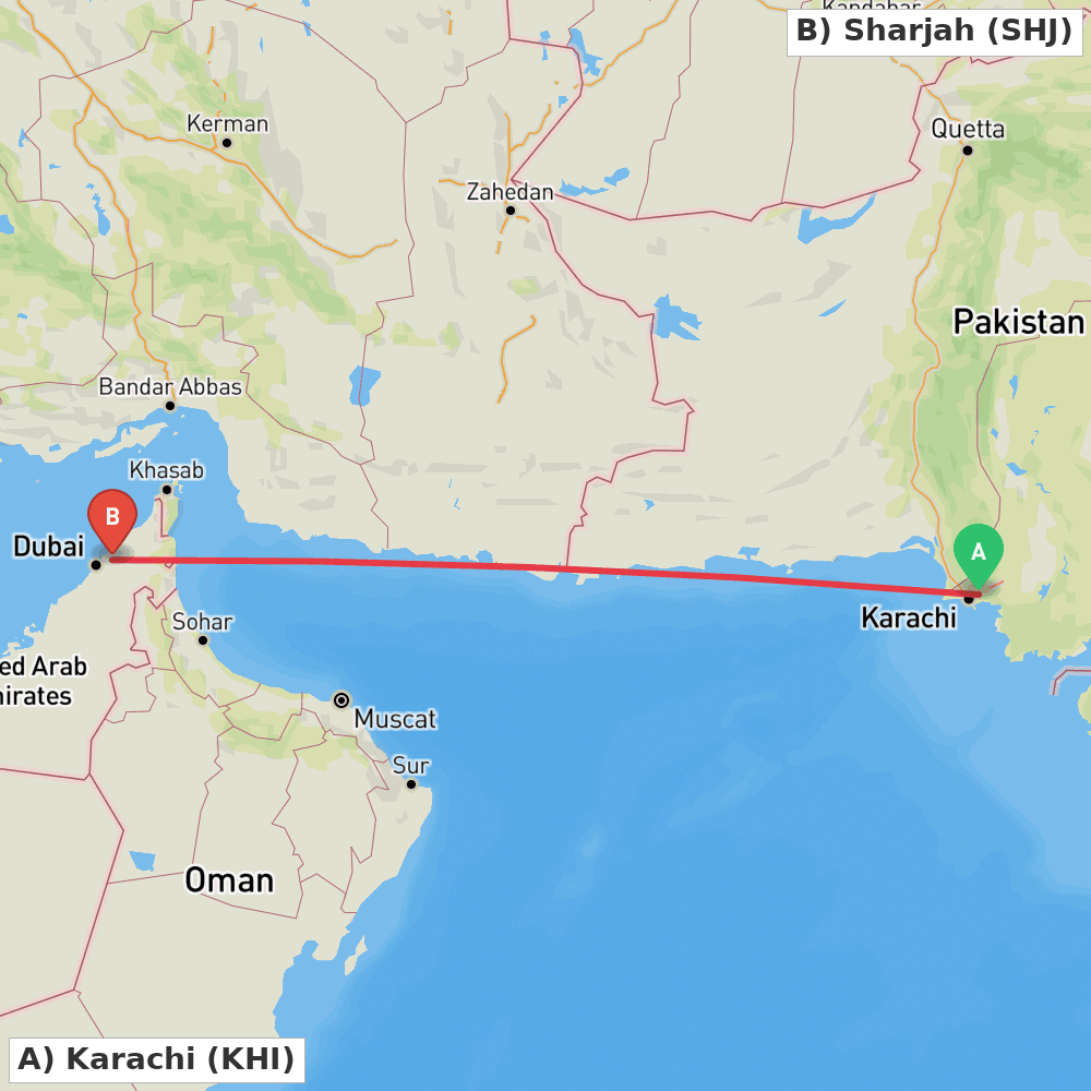Flight route map from Karachi to Sharjah
