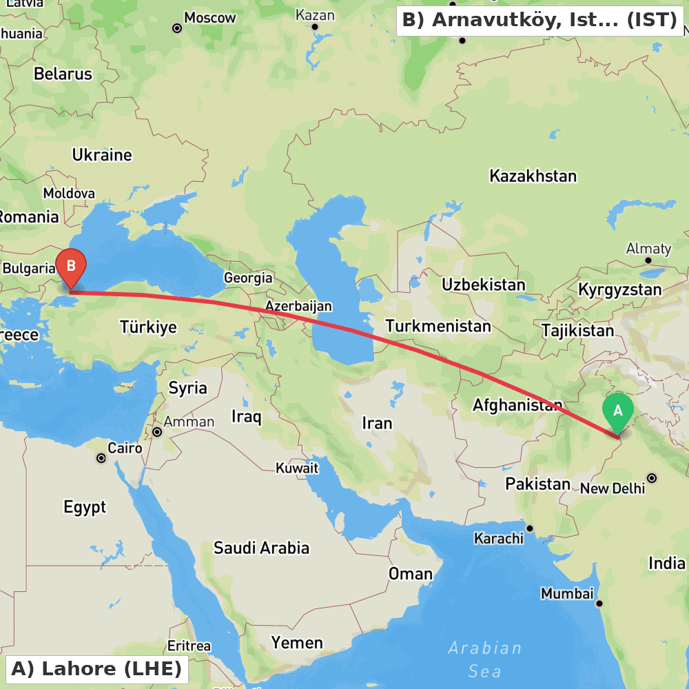 Flight route map from Lahore to Arnavutköy, Istanbul